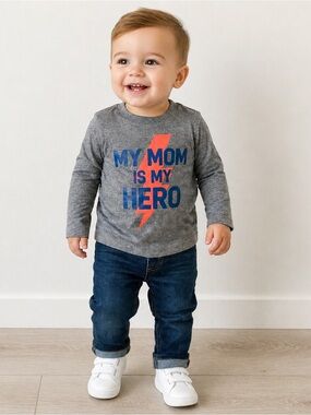 Carter's Gray Long-Sleeve 'My Mom Is My Hero' Shirt with Blue & Orange Graphic